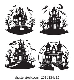 Halloween Haunted house silhouette, scene of ghost mansion. Vector illustration eps file