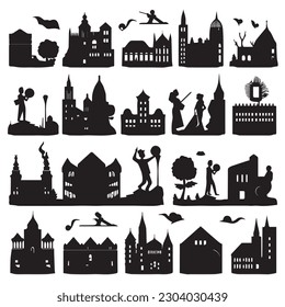 Halloween haunted house silhouette set collection white background 