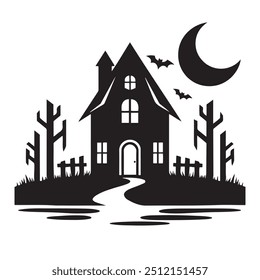 Halloween haunted house Silhouette vector on Isolated White Background. Creepy house Silhouette for Halloween. Eerie and Dark Halloween house.