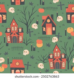 Halloween haunted house skull Seamless pattern vector illustration