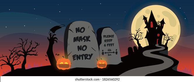 Halloween Haunted House Social Distancing Shop Event Rules Poster Signage Party Scary Spooky Pumpkin With Mask, No Mask No Entry, Mask, Covid Precautions, Illustration, Story, Background, Pandemic