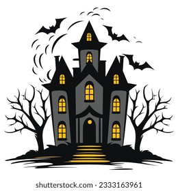 Halloween atormentó la casa, espeluznantes castillos y casas vectoriales, caricatura ilustrativa, Silhouette