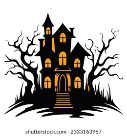 Halloween atormentó la casa, espeluznantes castillos y casas vectoriales, caricatura ilustrativa, Silhouette