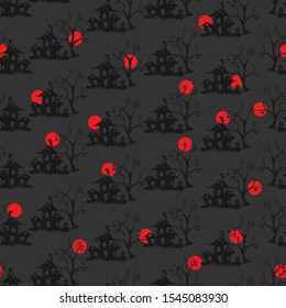 Halloween haunted house with tree and bat Seamless vector Pattern  on dark background eps