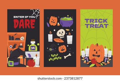 halloween haunted house trick-or-treat greetings social media story in flat illustration