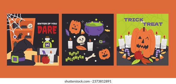 halloween haunted house trick-or-treat greetings social media post in flat illustration