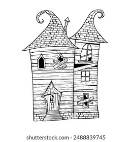 Halloween haunted house. Vector hand painted linear ghost castles, monster silhouette illustration. Mystical graphic monochrome spooky and horror home isolated on background. For designers, The day of