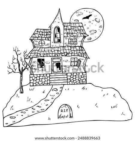 Halloween haunted house. Vector hand painted linear ghost castles at night, monster silhouette illustration. Mystical graphic monochrome spooky and horror bat, moon and grave islated on background. Fo