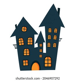 Halloween haunted house. Vector silhouette of a scary old house. Mystical spooky house. Halloween black castle. Witch's house in flat style isolated on white background.