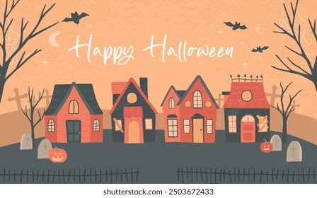 Halloween haunted house village banner vector illustration