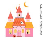 Halloween Haunted house with witch, ghost, pumpkins and cat. Vector illustration isolated on white background. Scary ghost house on Halloween night. Halloween house simple clipart vector illustration