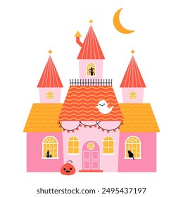 Halloween Haunted house with witch, ghost, pumpkins and cat. Vector illustration isolated on white background. Scary ghost house on Halloween night. Halloween house simple clipart vector illustration