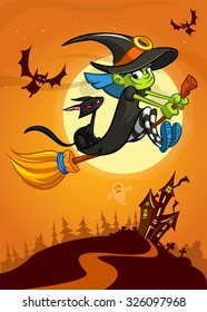 Halloween haunted house and witch on a broom. Vector Halloween background