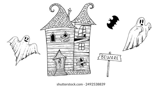 Halloween haunted house. Wooden sign board "Beware". Vector hand painted linear ghost castles, monster silhouette illustration. Mystical graphic monochrome spooky and horror home isolated on backgroun