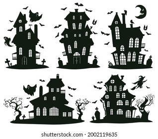 Halloween haunted houses. Cartoon spooky halloween ghost castles, monsters houses isolated vector symbols set. Creepy halloween haunted houses. Castle with ghost, horror halloween house illustration