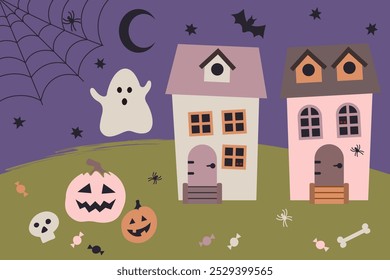 Halloween Haunted Houses and Ghost Vector Illustration. Halloween-themed illustration featuring haunted houses, a ghost, pumpkins, bats, spiders, and a crescent moon