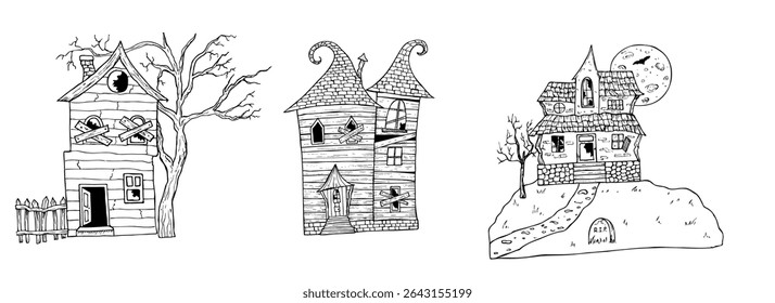 Halloween haunted houses. Vector hand painted linear ghost castles at night, monster silhouette illustration. Mystical graphic monochrome spooky and horror bat, moon and grave isolated on background