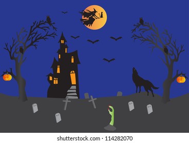 Halloween with Haunted House,Witch on Broomstick with cat,bats,wolf howling,pumpkins,graveyard,ghostly hand