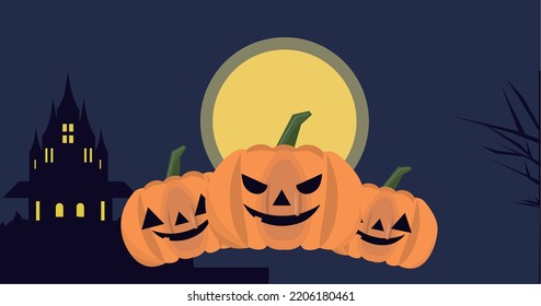 Halloween And Haunted Mansion At The Night. Vector Illustration