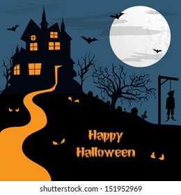 Halloween haunted moonlight night background with spooky house, can be use as flyer, banner or poster for night parties. 