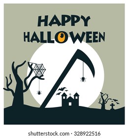 Halloween haunted moonlight night background with spooky house, tree and spider, scythe icons composition, can be use as flyer, banner or poster for night parties.