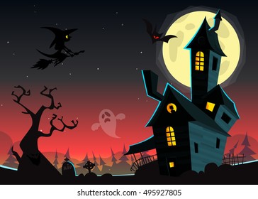 Halloween haunted moonlight night background with spooky house and cemetery, can be use as flyer, banner or poster for night parties