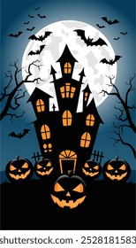 Halloween haunted night scenery with haunted house, full moon and bats. 