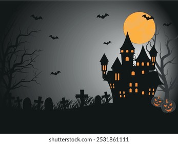 Halloween haunted old house and cemetery skyline view. Happy Halloween scary background or banner, creepy cemetery vector background