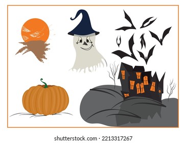Halloween haunted with pumpkin and bats and moon and haunted house