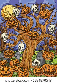 Halloween Haunted Tree Colored Cartoon 