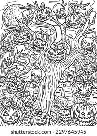 Halloween Haunted Tree Coloring Page for Adults