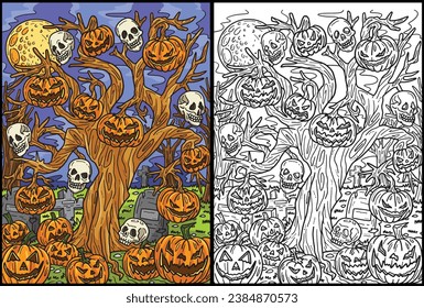 Halloween Haunted Tree Coloring Page Illustration