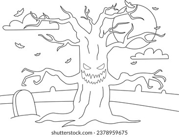 Halloween Haunted Tree Illustration. Coloring Page For Kids. Halloween Vector. Halloween Illustration. Haunted Tree Vector. Scary Tree Vector. 