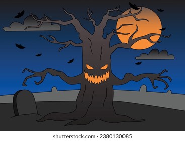 Halloween Haunted Tree Illustration. Haunted Tree Vector. Scary Tree Vector