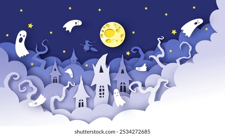 Halloween Haunted Village landscape with Ghost spirit and witch flying on sky. Deserted city on Halloween. Paper cut and craft style. vector, illustration.