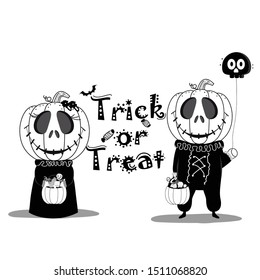 halloween having fun pumpkin ghost poster with text trick or treat, halloween candy and halloween ghost black and white background,Scary pumpkin,Website spooky or banner template vector drawing style