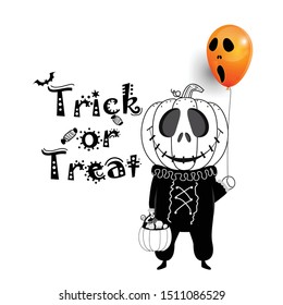 halloween having fun pumpkin ghost poster with text trick or treat, halloween candy and halloween ghost black and white background,Scary pumpkin,Website spooky or banner template vector drawing style