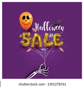 halloween having fun sale promotion poster with halloween candy and halloween ghost balloons orange background,Scary air balloons,Website spooky or banner template vector