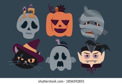 Halloween Head Character Set Skull, Jack O Lantern, Mummy, Cat The Witch, Ghost and Vampire, Vector, Illustrator