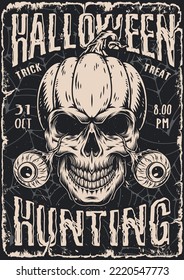 Halloween head flyer monochrome vintage skull with pop-out eyes invites you to celebrate night party on October 31st vector illustration