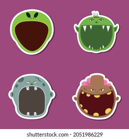 Halloween Head Set Design Sticker. Alien, Goblin, Grey Zombie and Brown Zombie Head Character. Vector And Illustration