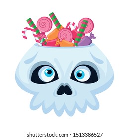 halloween head skull with candies vector illustration design