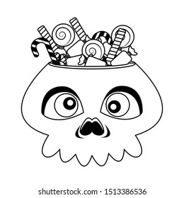 halloween head skull with candies vector illustration design