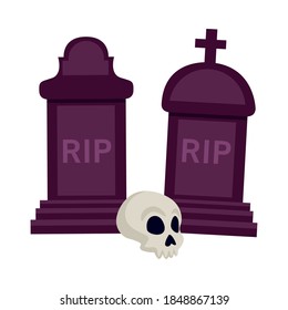 halloween head skull with cemetery graves vector illustration design