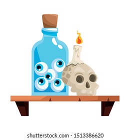 halloween head skull with eyes bottle in shelf vector illustration design