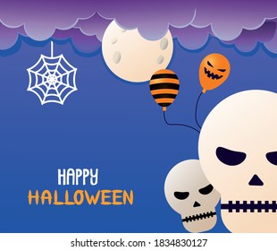 halloween head skulls with balloons helium vector illustration design