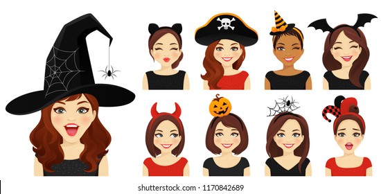 Halloween headbands and hat women set with different emotions vector illustration