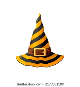 Halloween headdress, striped witch hat with buckle isolated cartoon magician headdress. Vector wizard or witch cap, fairy stargazer cap with buckle. Magic headwear, Halloween hat of mage sorcerer