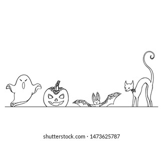 Halloween header template. Black and white doodle linear sketch. Vector illustration on white background. Hand drawing cartoon image.