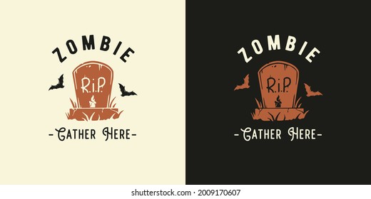 Halloween headstone of zombie for halloween t-shirt print. Fear or horror spooky cemetery for happy halloween. Walking dead tombstone for design dark halloween party